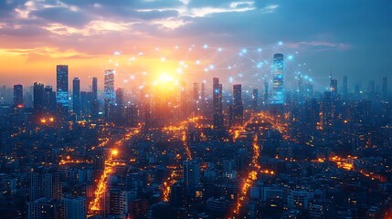 Fototapeta premium A smart city glowing with interconnected digital energy, where communication lines link towering skyscrapers and smart infrastructure.