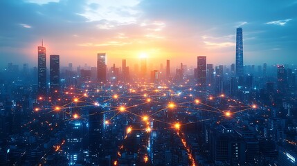 Fototapeta premium A sprawling cityscape glowing with digital energy, where illuminated data networks connect smart infrastructure and towering skyscrapers.