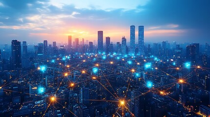 A sprawling cityscape glowing with digital energy, where illuminated data networks connect smart infrastructure and towering skyscrapers.