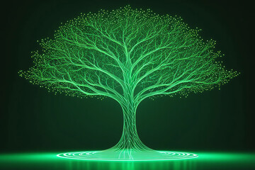 Futuristic High-tech glowing Green Tree in with Digital Network room .Ecosystem Room fusion of nature and technology.