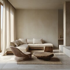 Modern Living Room Interior Design with Wooden Furniture and Neutral Colors