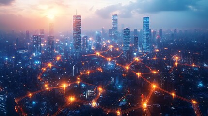 Obraz premium A sprawling cyberpunk cityscape seen from above, with glowing neon paths connecting skyscrapers and smart infrastructure. The illuminated data streams pulse with vibrant energy,