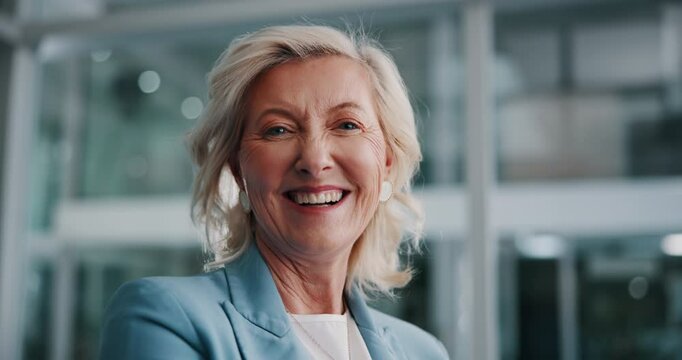 CEO, face and smile of business woman in office for job experience or opportunity at night. Portrait, mature manager and happy expert, financial executive and investor laughing in Sweden on deadline