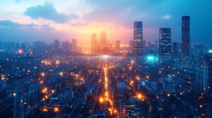 A sprawling global city network with glowing fiber optic cables linking tall skyscrapers, advanced transportation systems, and far-reaching global regions.