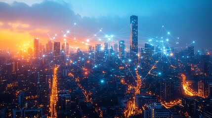 Fototapeta premium A sprawling global city network with glowing fiber optic cables linking tall skyscrapers, advanced transportation systems, and far-reaching global regions.