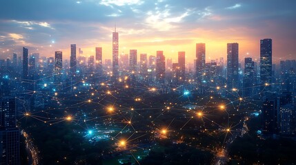 Obraz premium A sprawling metropolis at dusk, where glowing communication lines crisscross between towering high-rises, parks, and public spaces. The digital web of connectivity pulses with energy,