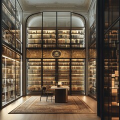 Elegant Library with Glass Bookcases and Ornate Design