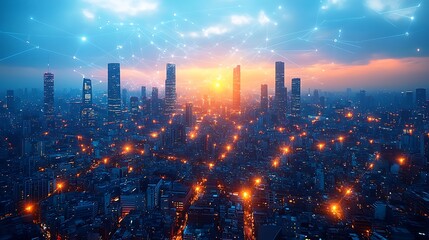 Fototapeta premium A sprawling metropolis at dusk, where neon-lit data streams link mobile devices, homes, and businesses. The vibrant lines of digital communication create a web of energy over the urban landscape,