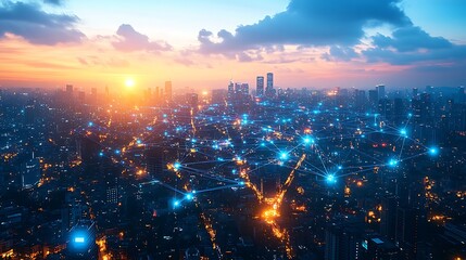 Fototapeta premium A sprawling metropolis at dusk, where neon-lit data streams link mobile devices, homes, and businesses. The vibrant lines of digital communication create a web of energy over the urban landscape,