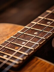 Fototapeta premium Close-up of a guitar fretboard showcasing the intricate details of wood and fret markers, perfect for music lovers.
