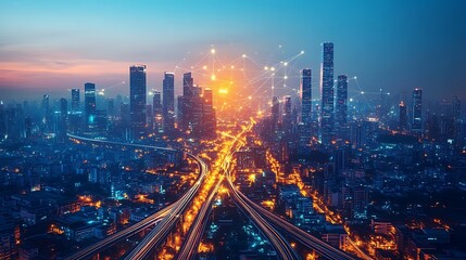 Fototapeta premium A sprawling metropolis glowing with vibrant neon communication lines, linking highways, trains, and futuristic skyscrapers.