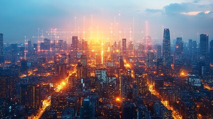 Obraz premium A sprawling modern city glowing with pulsing neon lines representing the flow of data, communication, and electricity. The cityscape is illuminated by digital energy,