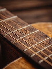 Close-up of a wooden guitar neck showcasing intricate details of the frets and strings, perfect for music and craftsmanship themes.