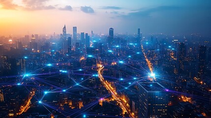 Fototapeta premium A sprawling modern city seen from above, with glowing blue and purple digital lines representing data networks weaving between every building and street.