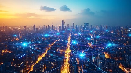 A sprawling modern city seen from above, with glowing blue and purple digital lines representing data networks weaving between every building and street.