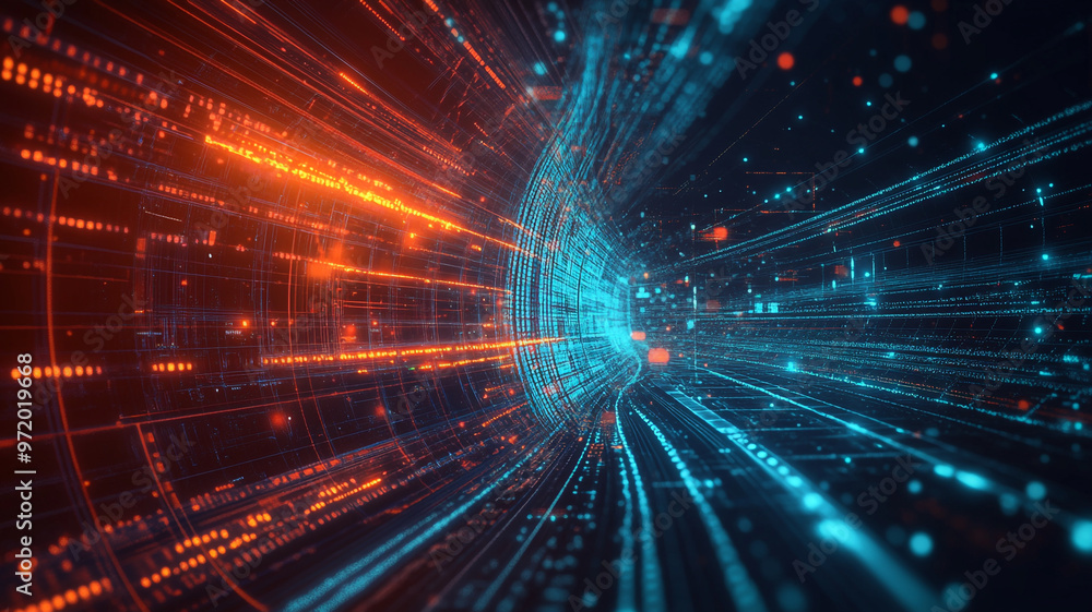 Poster dynamic flow of digital data through a futuristic tunnel in a vibrant color palette