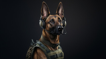 Obraz premium Military Belgian Malinois Dog with Headsets