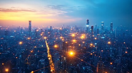 Fototapeta premium A sprawling smart city seen from above, where glowing digital communication lines crisscross the landscape, connecting advanced transportation systems, skyscrapers, and residential zones.