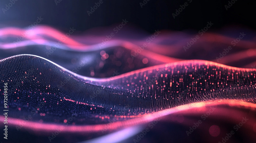 Poster abstract illustration of flowing waves with vibrant colors and sparkling particles in a dark setting