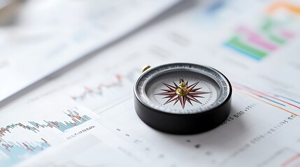 A professional photograph of a compass placed on top of financial charts, symbolizing guidance in investment. The image is sharp with deep depth of field and ample copy space for text.