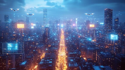 Fototapeta premium A tech-driven futuristic city glowing with digital energy, where floating drones and holographic billboards light up the streets. Glowing data networks connect every building,