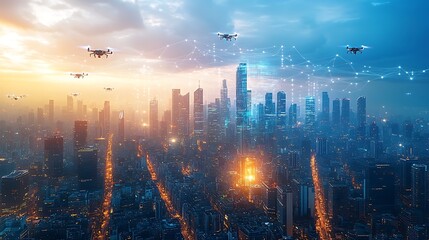 Fototapeta premium A tech-driven metropolis buzzing with floating drones, glowing holograms, and visible digital networks connecting the city.