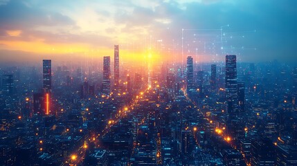 Fototapeta premium A top-down view of a futuristic metropolis at sunset, with visible data streams and communication lines connecting smart towers and transportation hubs. The city glows with neon colors,