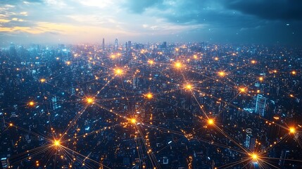 Obraz premium A top-down view of a global communication network, with illuminated fiber optic cables connecting a dense futuristic city to cities and regions across the globe.