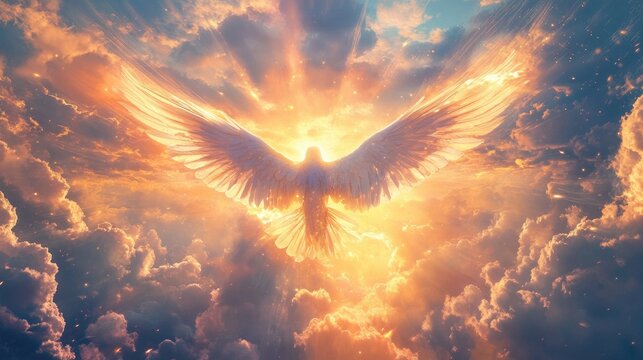 A radiant white dove with outstretched wings soars through a sky filled with golden rays of light and fluffy white clouds.