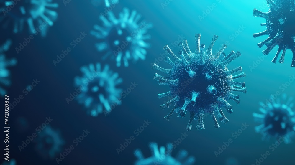 Aufkleber abstract virus in a floating 3d style on a blue background, with open copy space.