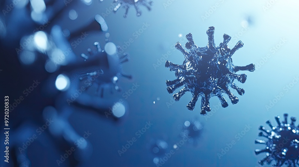 Poster abstract virus in a floating 3d style on a blue background, with open copy space.