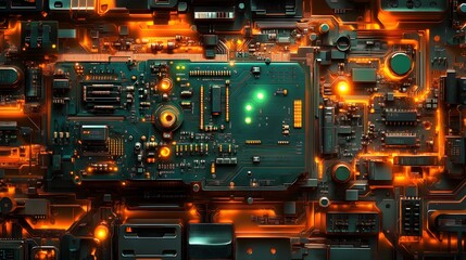 Fototapeta premium Cross-section of a beryllium copper board in a medical device, showcasing detailed circuitry with green and orange holographic effects, sci-fi theme, high-resolution, digital art