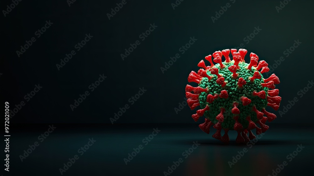 Aufkleber abstract virus structure in a 3d model, floating on a dark surface, copy space.