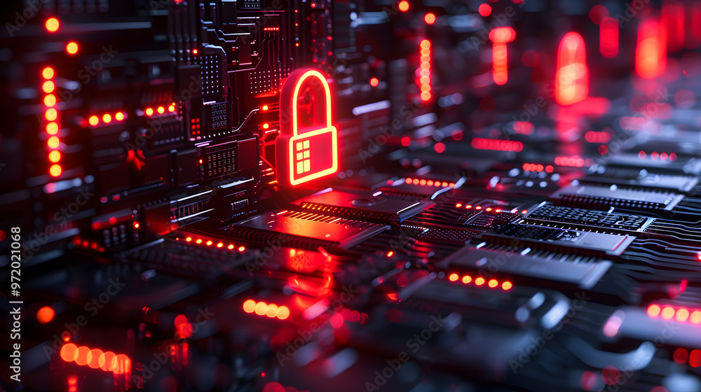 Poster cyber security, data protection, cyberattacks concept on blue background. database security software