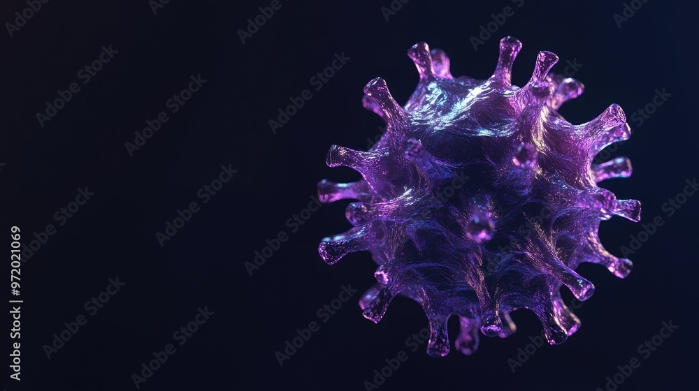 Poster abstract virus structure in a 3d model, floating on a dark surface, copy space.