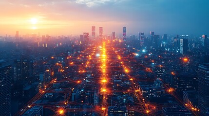 Fototapeta premium A top-down view of an AI-powered city glowing with intricate data circuits connecting smart infrastructure and streets. The vibrant network of digital energy flows seamlessly across the city,