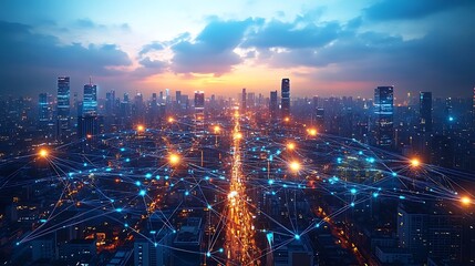 Obraz premium A vibrant aerial view of a futuristic smart city, with glowing digital networks connecting buildings, streets, and transportation hubs.