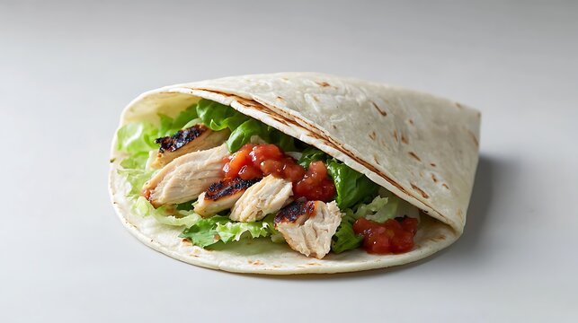 A detailed image of a soft taco filled with grilled chicken, lettuce, and salsa, set against a clean background. The image has deep depth of field with sharp focus on the taco and room for copy.