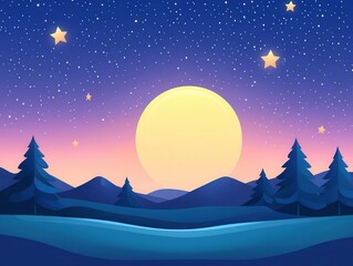 Obraz premium A serene night scene with a glowing moon, twinkling stars, and silhouette trees against a gradient sky.