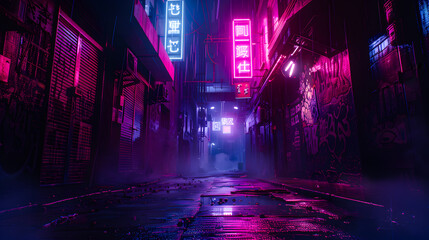 Neon lights of dystopian cyberpunk future, night time shot of dense city alley ways
