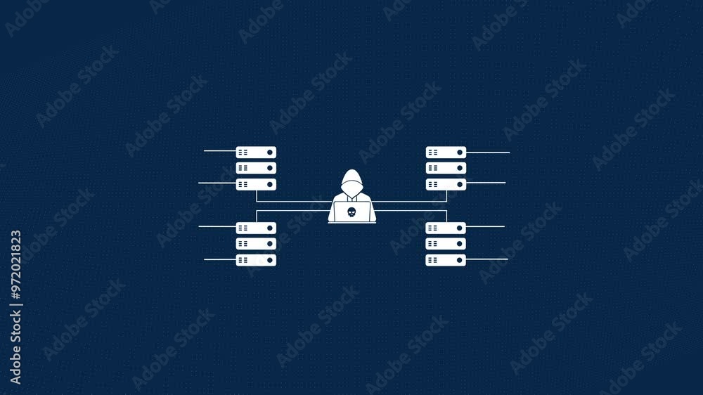 Poster Icon, programming and hacker crime with cybersecurity, cyberspace and animation. Big data, cloud computing and AI software for internet safety, blue background and future technology abstract graphic