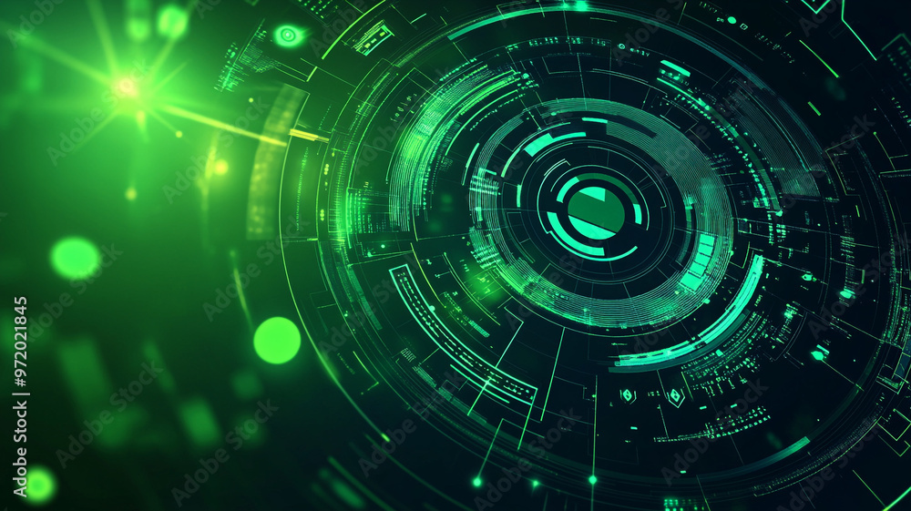Poster futuristic digital interface design with glowing green lights and circular patterns in technology