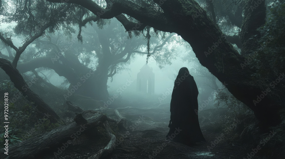 Poster a dark figure stands in middle of an ancient forest, surrounded by mist and twisted trees, creating 