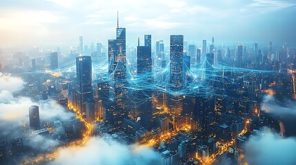 Obraz premium Aerial view of a futuristic city floating on clouds, with illuminated threads of data and communication networks connecting high-rise buildings.