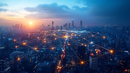 Aerial view of a futuristic global connectivity hub, with glowing fiber optic lines linking skyscrapers and connecting continents. The illuminated lines form a web of communication,