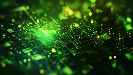 Obraz premium Nighttime digital art of a vibrant green network of connected data nodes