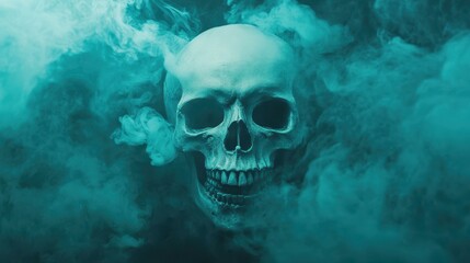 A haunting skull shrouded in swirling smoke, inviting curiosity amidst a dark, captivating backdrop.