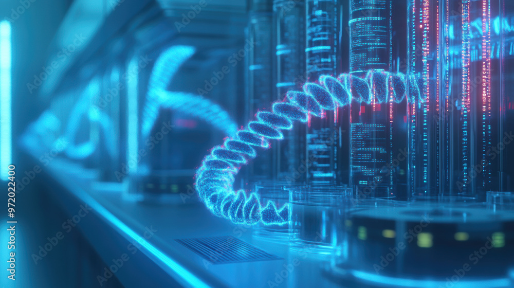 Poster a dna sequencing machine is actively working in sterile lab environment, showcasing advanced technol