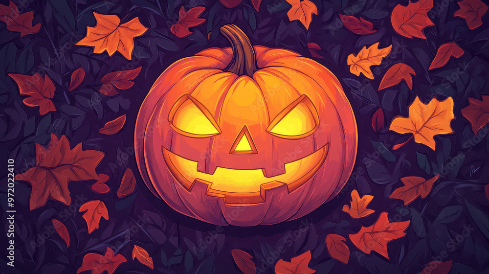 Sticker A glowing pumpkin shines bright in the night, nestled among vibrant autumn leaves, creating a spooky yet enchanting scene.