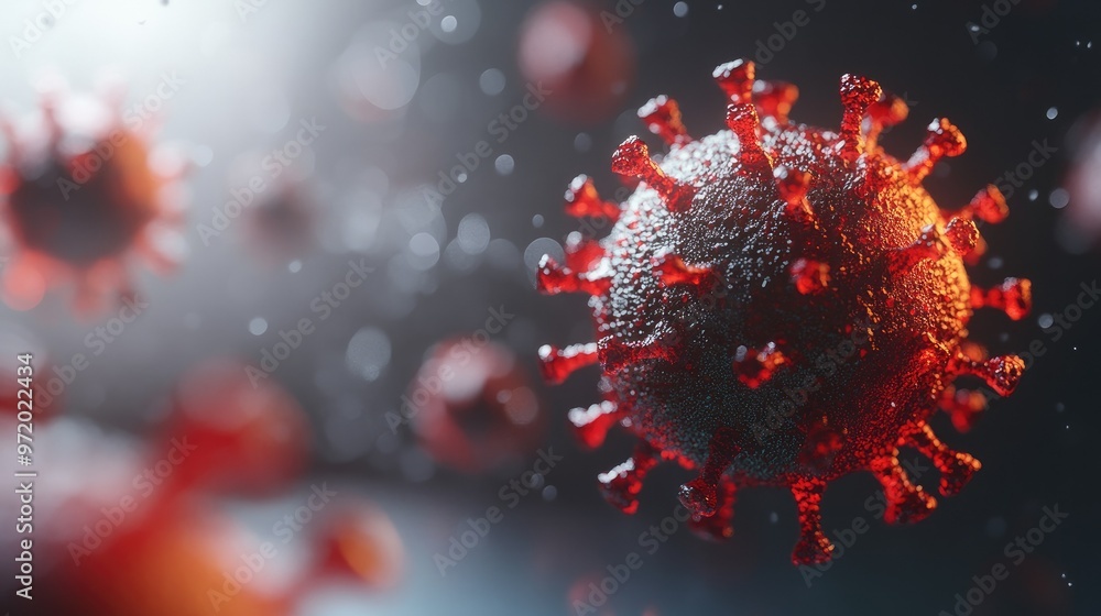 Poster close-up of a virus particle with spikes on a clean background, room for copy.